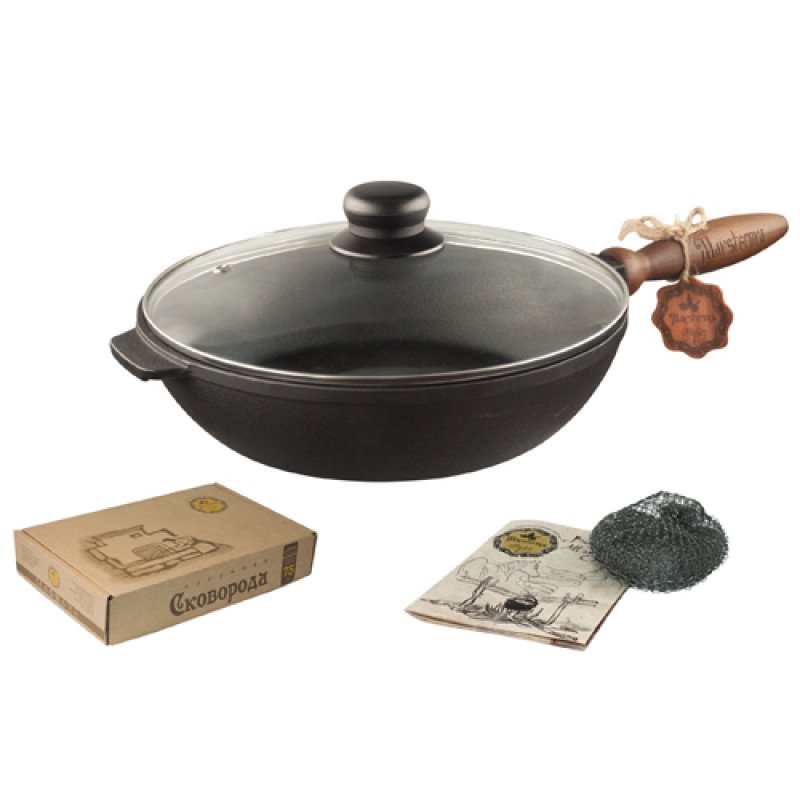 Сковорода чавунна лита з дерев*яною ручкою з кришкою SNT 28*6 см Т306С3