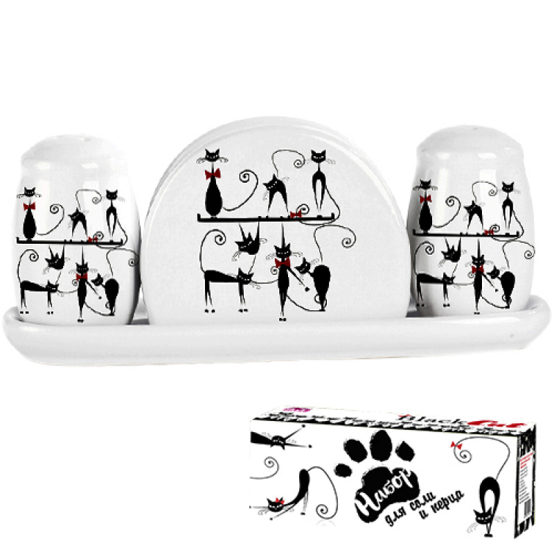 Набір для солі та перцю SNT з серветницею Чорна кішка 6912-12 - Білий мармур