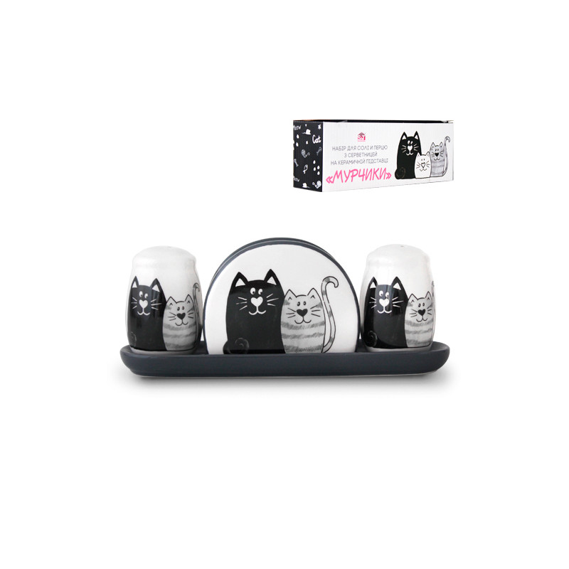 Набір для солі і перцю SNT з серветницею Мурчики 6912-19 - Зелений металік
