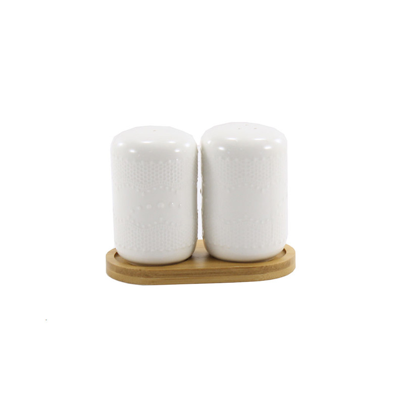 Сільничка+перечниця Interos на деревяній підставці A PJ02563 - Білий мармур