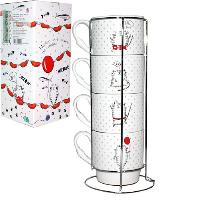 Набір 4 чашки на стійці 320 мл SNT Cat story 021-04-06 - Білий