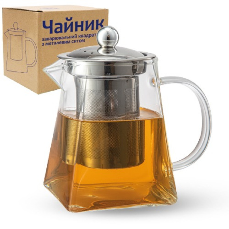 Чайник-заварник SNT 600 мл квадратний з металевим ситом 32239 - Рожевий Прозорий