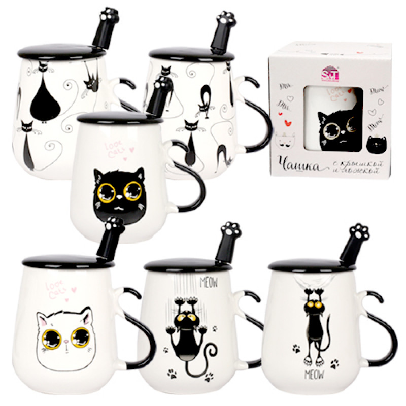 Кружка з кришкою та ложкою SNT 440 мл Кішки 20628 - Лаванда